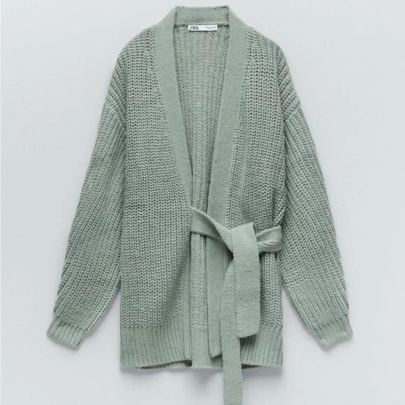 ZARA Sage Green Knit Wrap Tie Belt Cardigan M Sweater Chunky Knit Cozy Soft Long - Picture 3 of 16